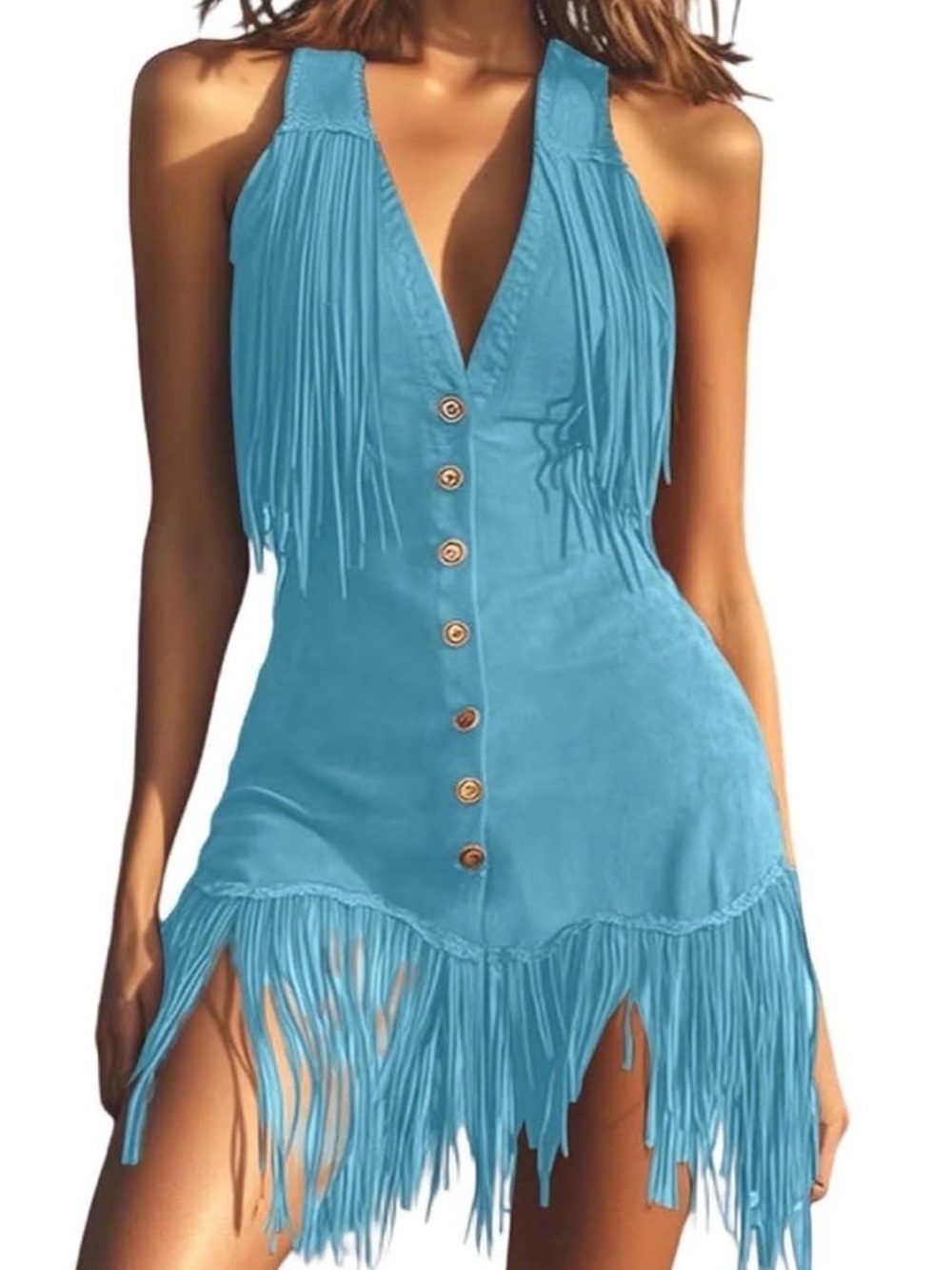Teal Fringe Button-Front Suede Dress